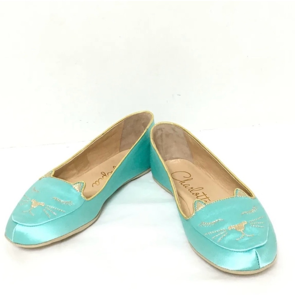 Charlotte Olympia blue satin cat nap kitty slippers size xxs